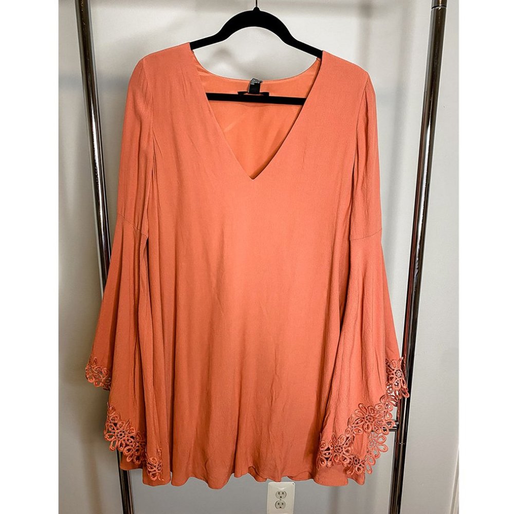 Coral Mini Dress with Floral Lace Sleeves